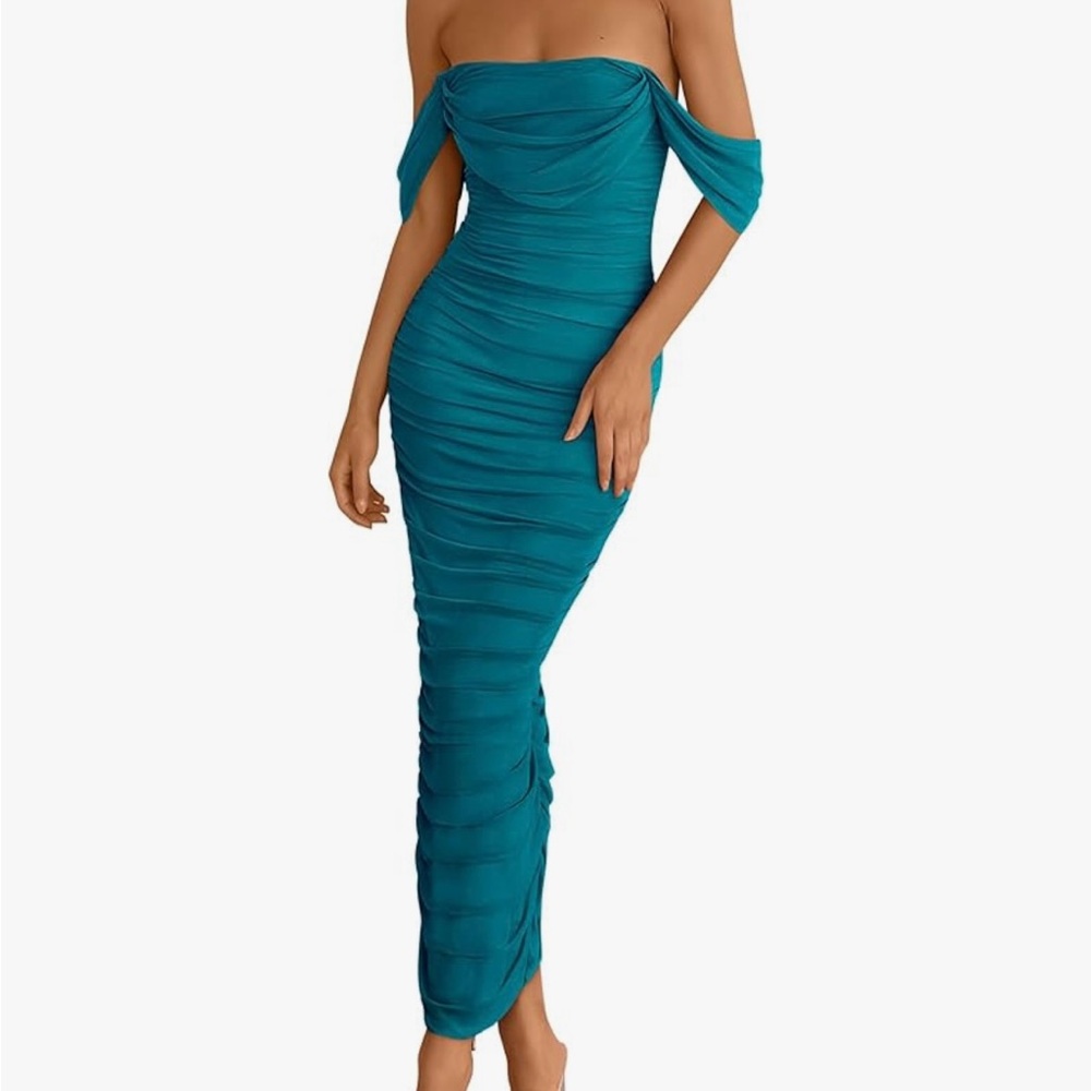 Elegant Teal off The Shoulder Midi Dress with Flattering Ruching